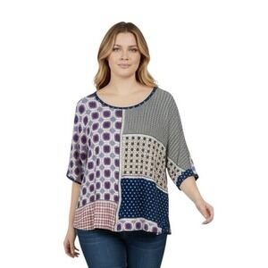 Chico's Size 2 US L Patchwork Print Knit Top Relaxed Fit Stretch Boho Prairie